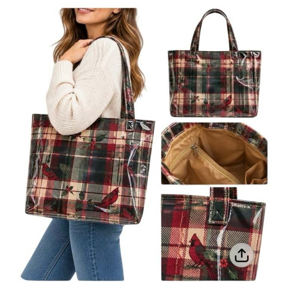 Christmas Plaid Bird Holly Vinyl Tote Handbag Holiday Winter Purse